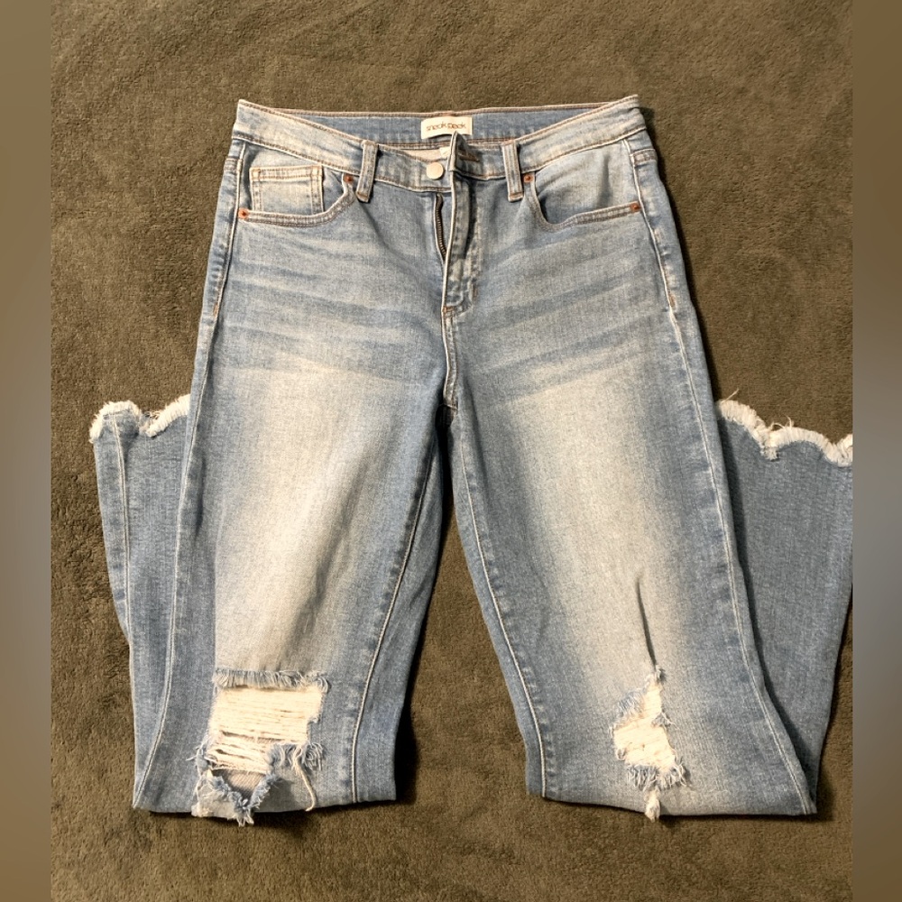 Sneak peek Distressed Light Blue flare crop jeans